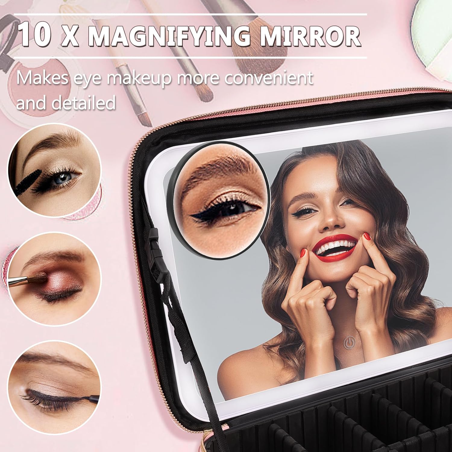 Yofuly Large Makeup Bag With Light Up Mirror, [Extra Large Size] Lighted Makeup Case, Travel Makeup Train Case with Adjustable Dividers and 10x Magnifying Mirror | 3 Adjustable Brightness