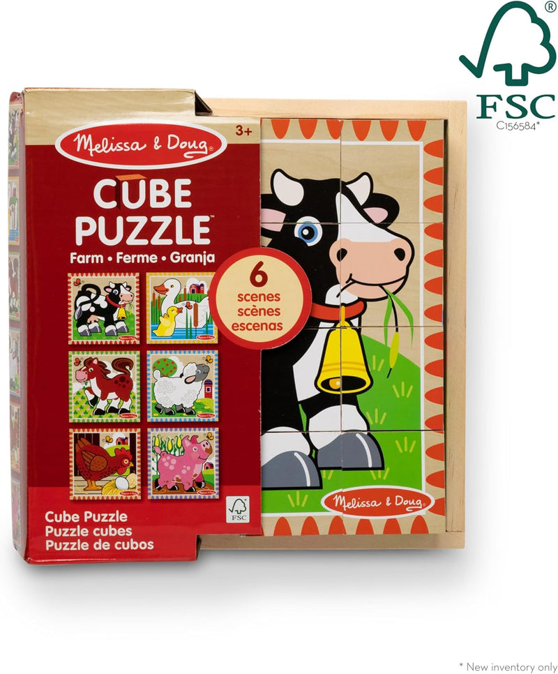 Melissa & Doug Farm Wooden Cube Puzzle With Storage Tray - 6 Puzzles in 1 (16 pcs) - FSC Certified