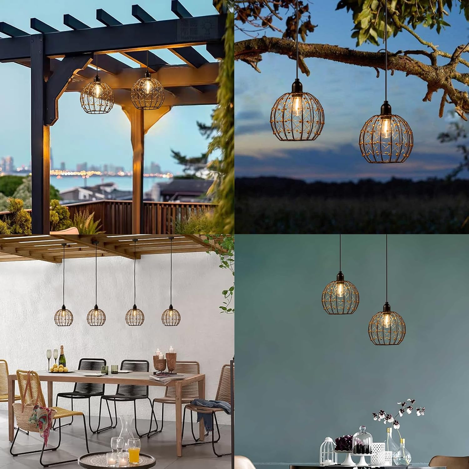 Hanging Pendant Lantern Lights, Battery Operated Outdoor Chandelier with G50 Warm White LED Bulb, Beaded Copper Wire Ball Shades, for Patio Tree Pergola Gazebo Porch-2Pack