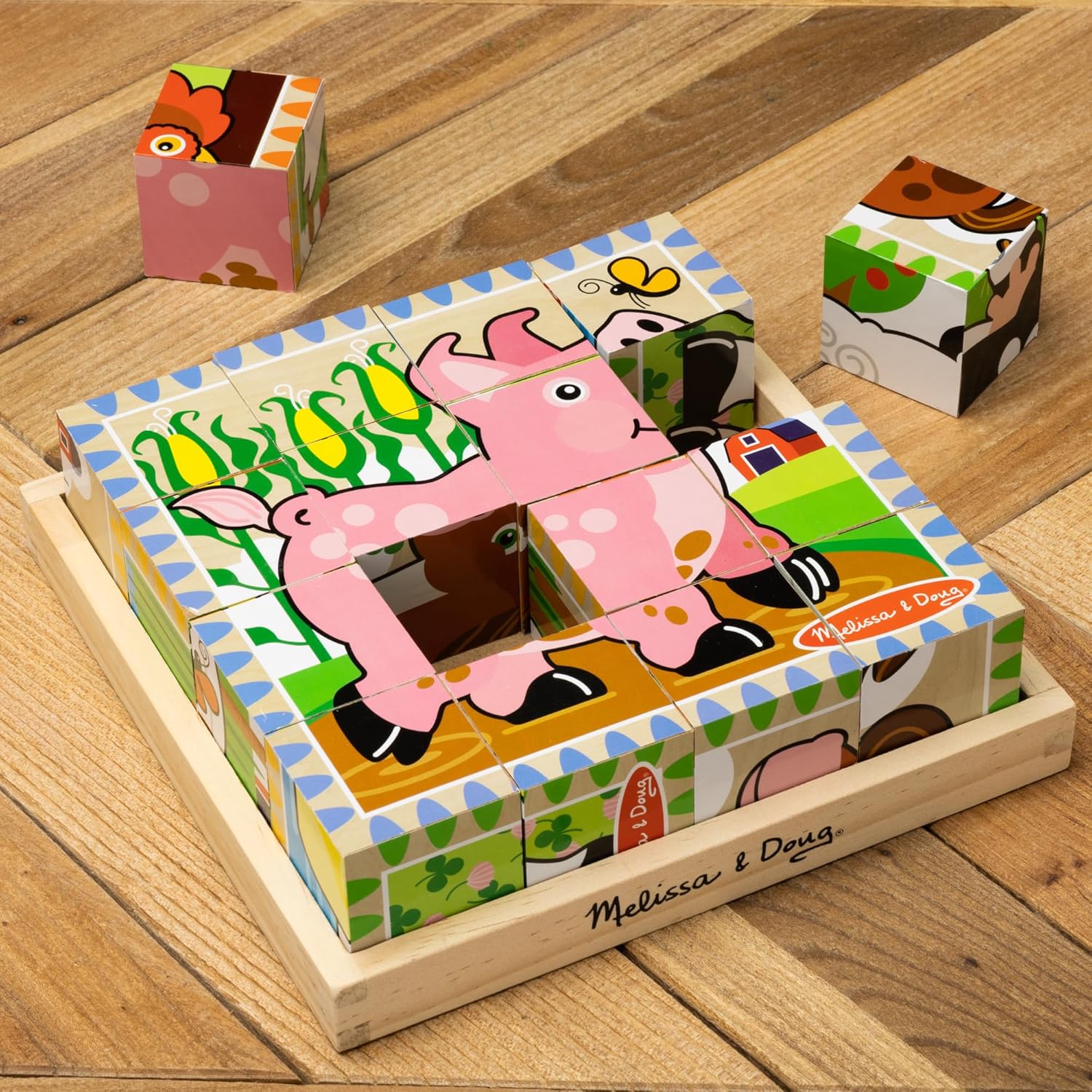 Melissa & Doug Farm Wooden Cube Puzzle With Storage Tray - 6 Puzzles in 1 (16 pcs) - FSC Certified