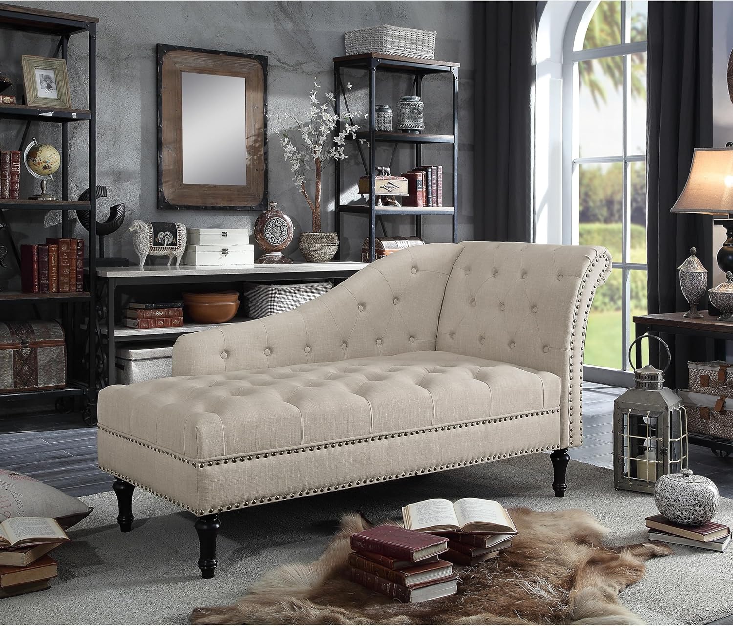 ROSEVERA Deedee Linen Upholstered Chaise Lounge Chair with Nailhead Trim for Living Room and Bedroom, Beige