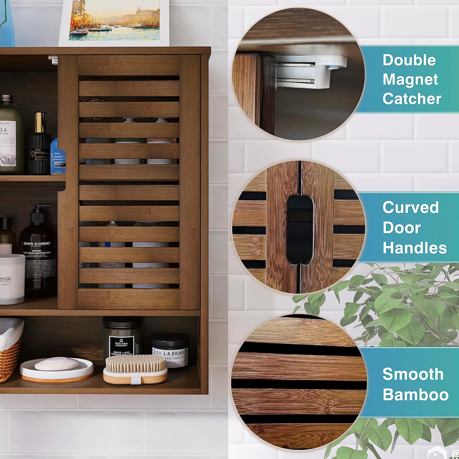 SMIBUY Bathroom Cabinet Wall Mounted, Bamboo Over-The-Toilet Storage Organizer, Space Saver Medicine Cabinet with 2 Door and Adjustable Shelves (Black)