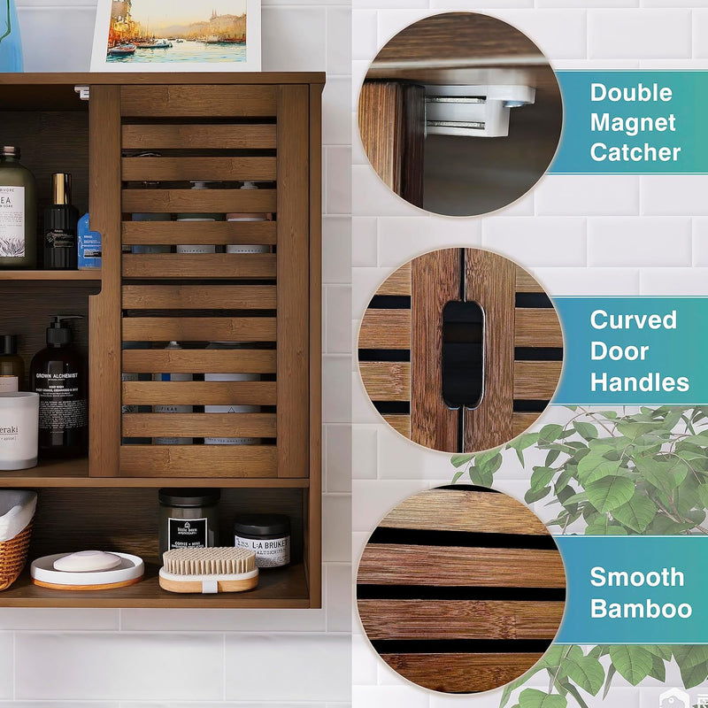 SMIBUY Bathroom Cabinet Wall Mounted, Bamboo Over-The-Toilet Storage Organizer, Space Saver Medicine Cabinet with 2 Door and Adjustable Shelves (Black)