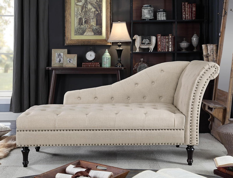 ROSEVERA Deedee Linen Upholstered Chaise Lounge Chair with Nailhead Trim for Living Room and Bedroom, Beige