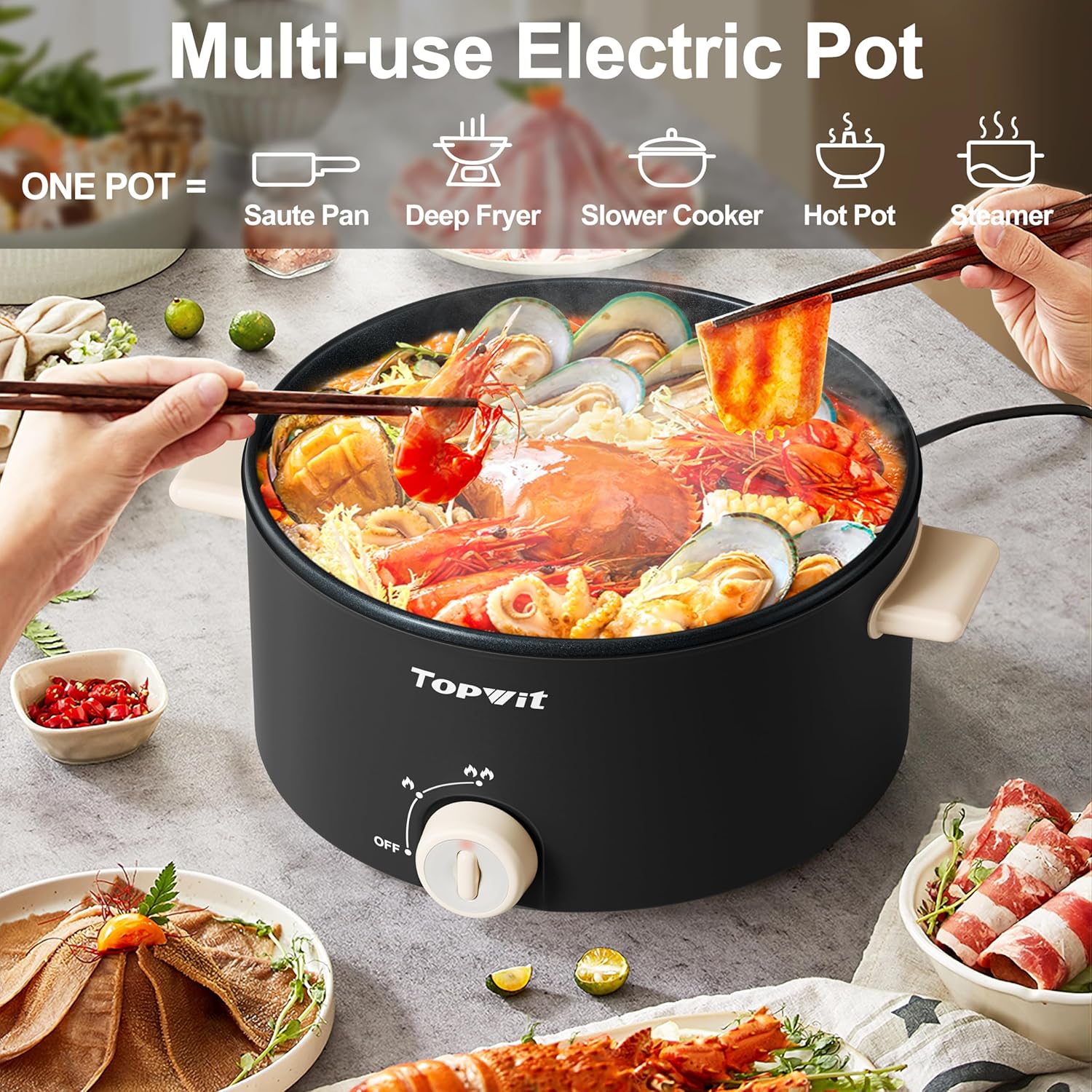 TOPWIT Hot Pot Electric, 4L Electric Pot with Non-Stick Coating, Dual Power Electric Cooker for Deep Frying, Steak, Pasta, Multi-Functional Large Capaity Shabu Shabu Pot for Party, Gathering, Black