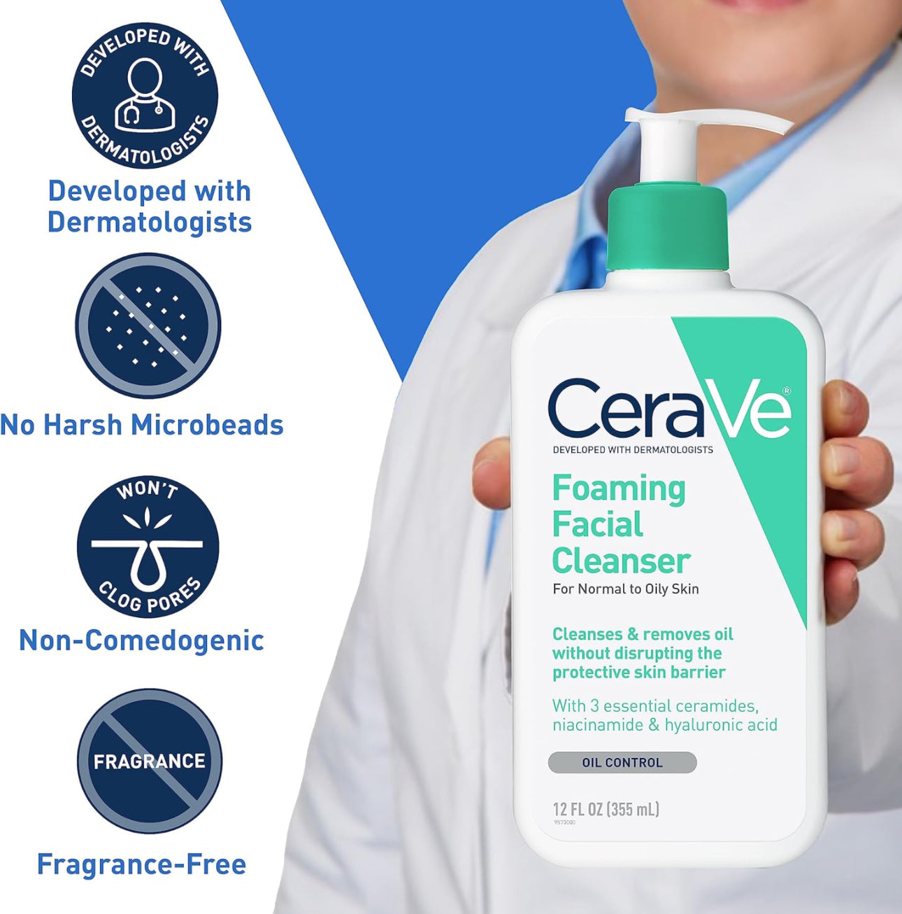 CeraVe Foaming Facial Cleanser | Daily Face Wash for Oily Skin with Hyaluronic Acid, Ceramides, and Niacinamide| Fragrance Free | 16 Fluid Ounce