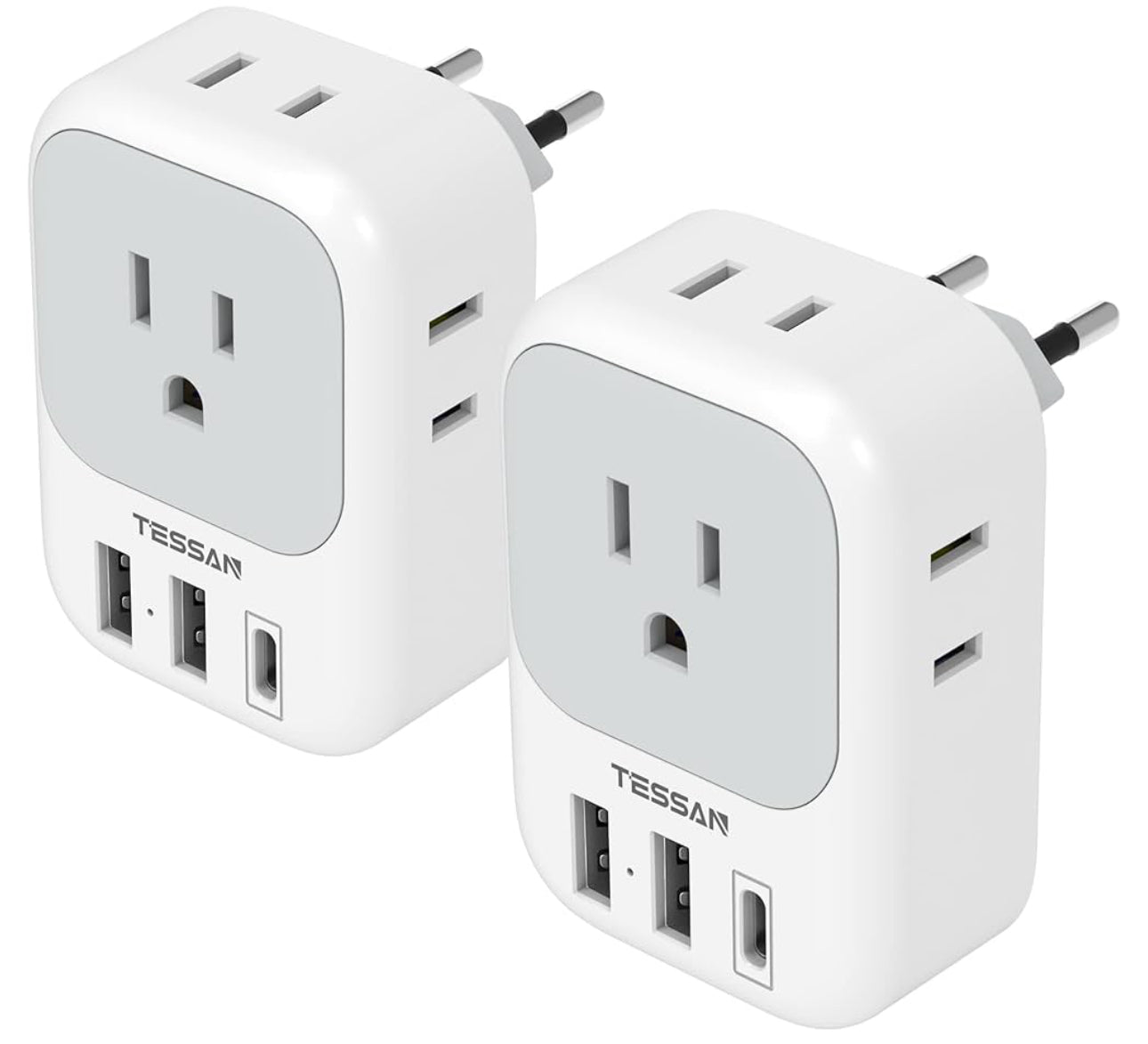 2 Pack European Travel Plug Adapter USB C, TESSAN US to Europe Plug Adapter with 4 Outlets 3 USB Charger (1 USB C Port), Type C Power Adaptor to Italy Spain France Portugal Iceland Germany, white gray