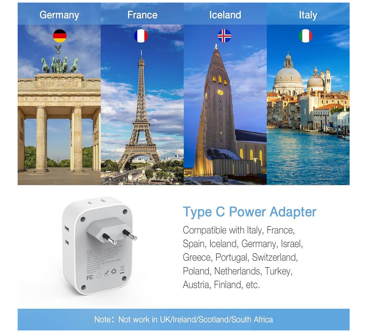 2 Pack European Travel Plug Adapter USB C, TESSAN US to Europe Plug Adapter with 4 Outlets 3 USB Charger (1 USB C Port), Type C Power Adaptor to Italy Spain France Portugal Iceland Germany, white gray